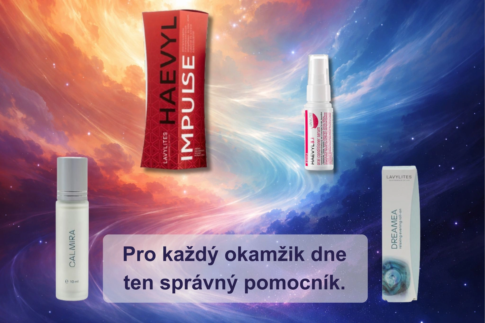 Produkty LAVYcosmetics pro podporu denního rytmu kortizolu – Haevyl 3.I, Haevyl Impulse, Calmira a Dreamea na časové ose dne